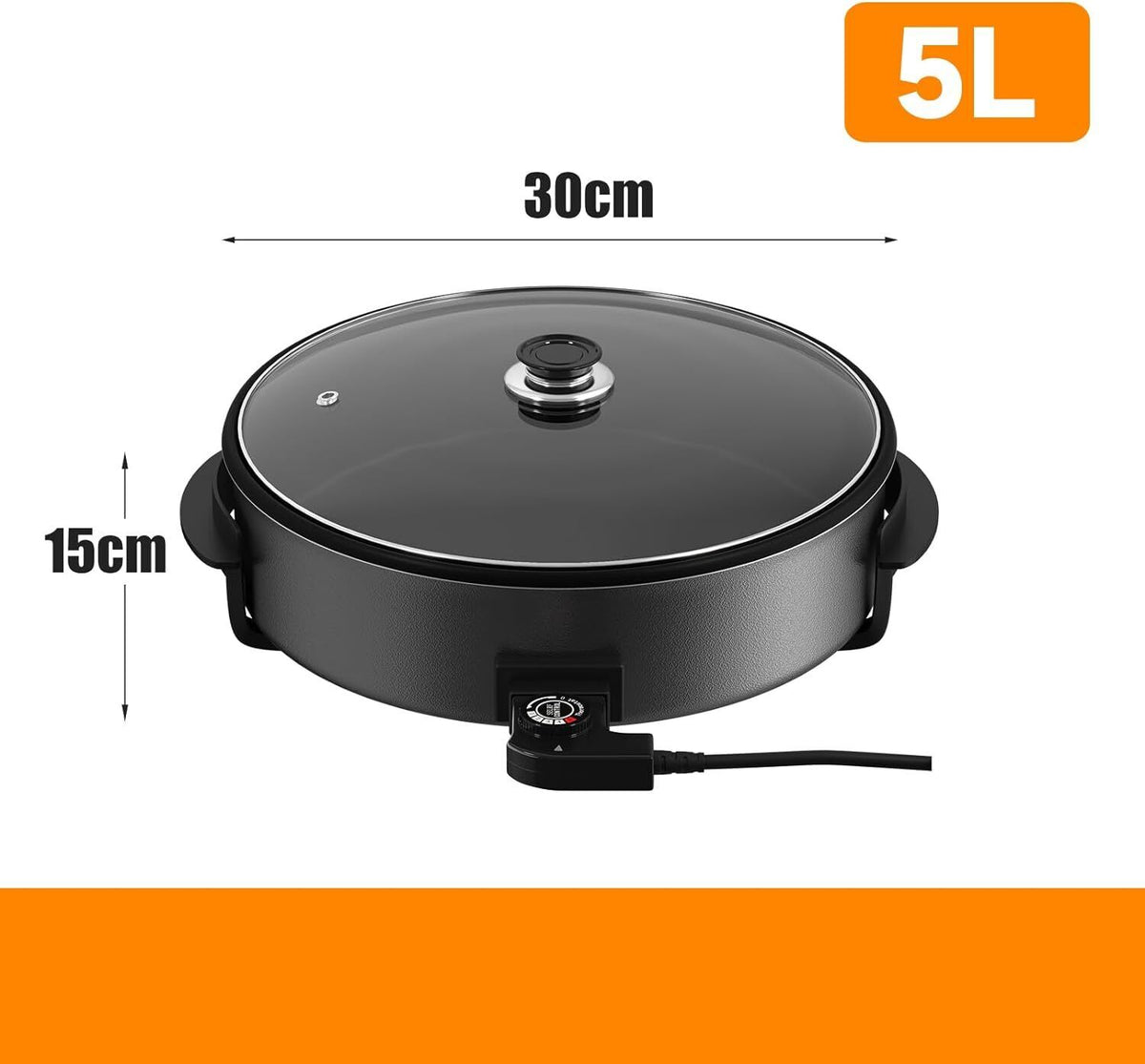 Electric pan: 5 temperature settings, pizza pan, multifunctional pan with non-stick coating and lid 