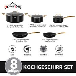 HOMELUX 8-teiliges Induktions-Topfset mit Glasdeckel Kochtöpfe und Pfannen für alle Herdarten in Schwarz