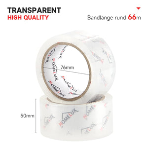 HOMELUX Transparent Parcel Tape Low Noise, 66m long, 50mm wide, ideal for parcel shipping &amp; shipping boxes 