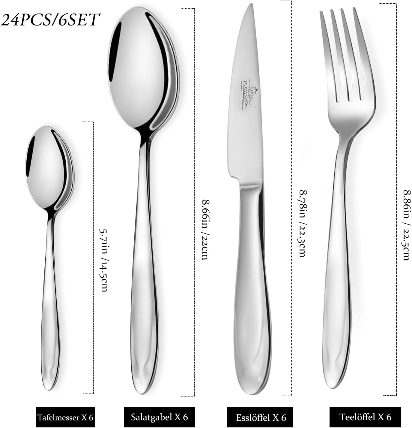 Cutlery set, 18/10 stainless steel, shiny, 24 pieces. For 6 people, dishwasher safe. High-quality and durable cutlery 