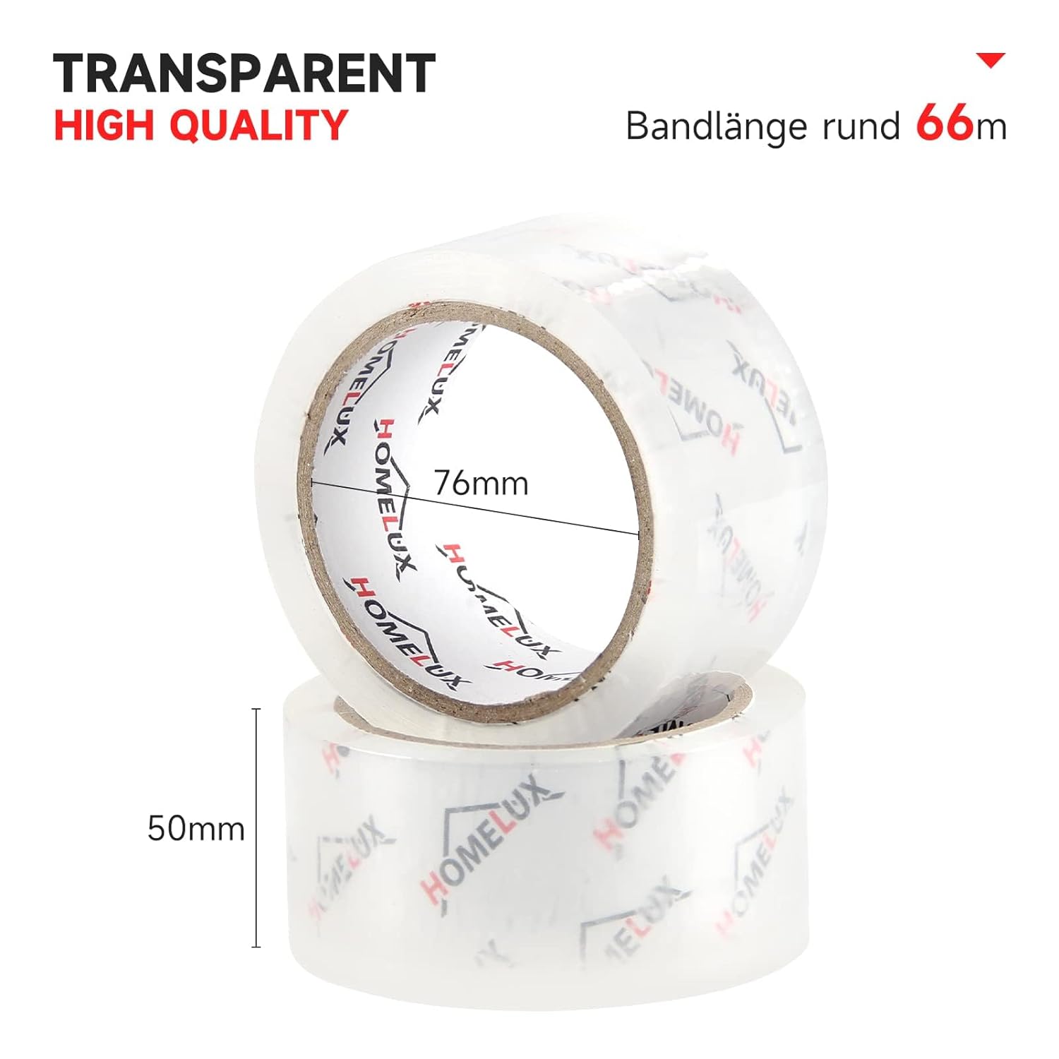HOMELUX Transparent Parcel Tape Low Noise, 66m long, 50mm wide, ideal for parcel shipping &amp; shipping boxes 