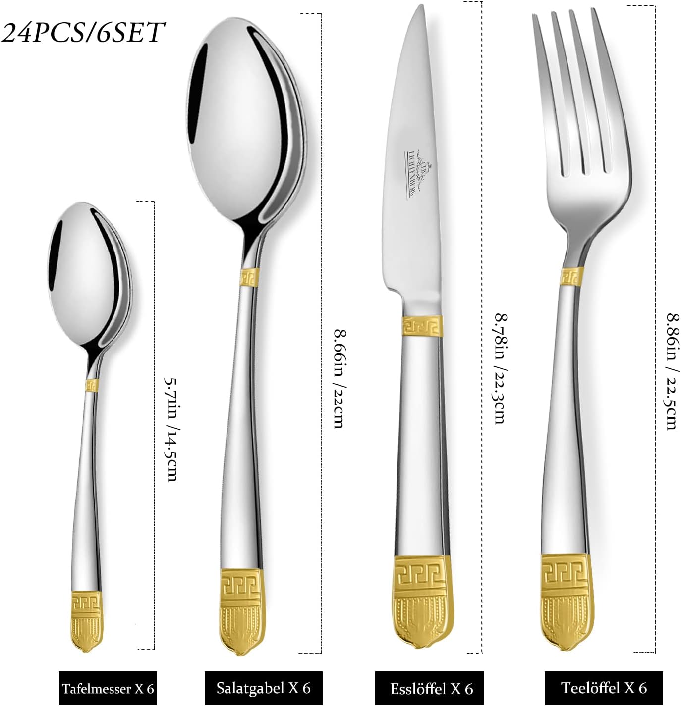 Cutlery set, 18/10 stainless steel, shiny, 24 pieces. For 6 people, dishwasher safe. High-quality and durable cutlery 