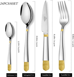 Cutlery set, 18/10 stainless steel, shiny, 24 pieces. For 6 people, dishwasher safe. High-quality and durable cutlery 