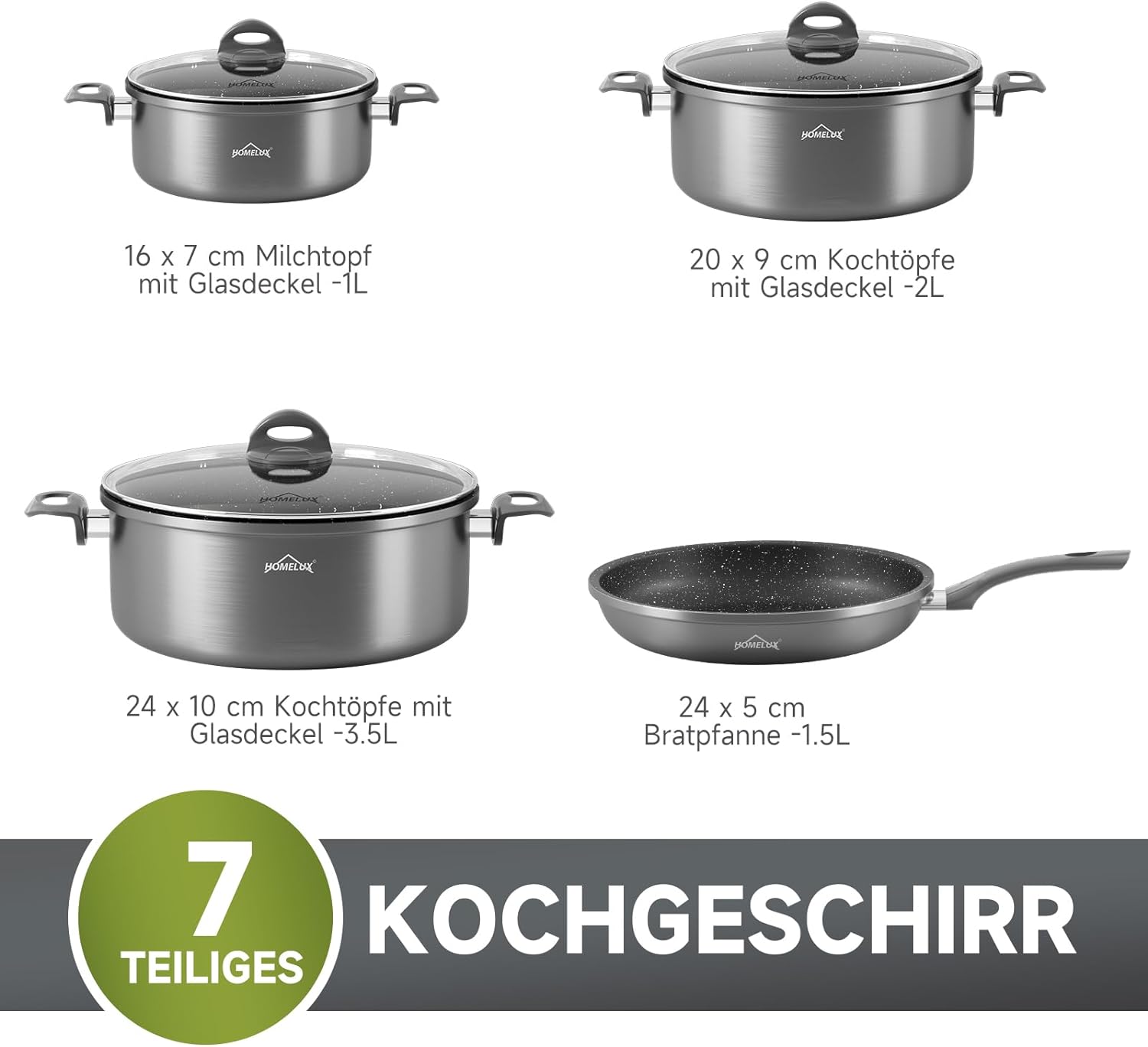 Pot set, HOMELUX pot set induction 7 pieces, induction pots set, cooking pot set, suitable for induction 