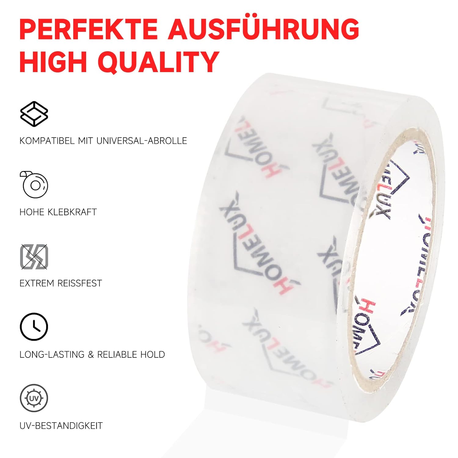 HOMELUX Transparent Parcel Tape Low Noise, 66m long, 50mm wide, ideal for parcel shipping &amp; shipping boxes 