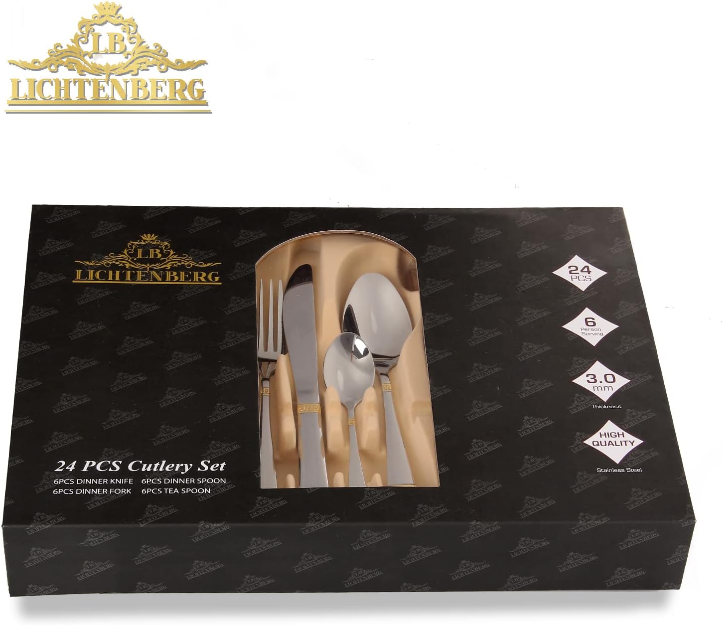 Cutlery set, 18/10 stainless steel, shiny, 24 pieces. For 6 people, dishwasher safe. High-quality and durable cutlery 