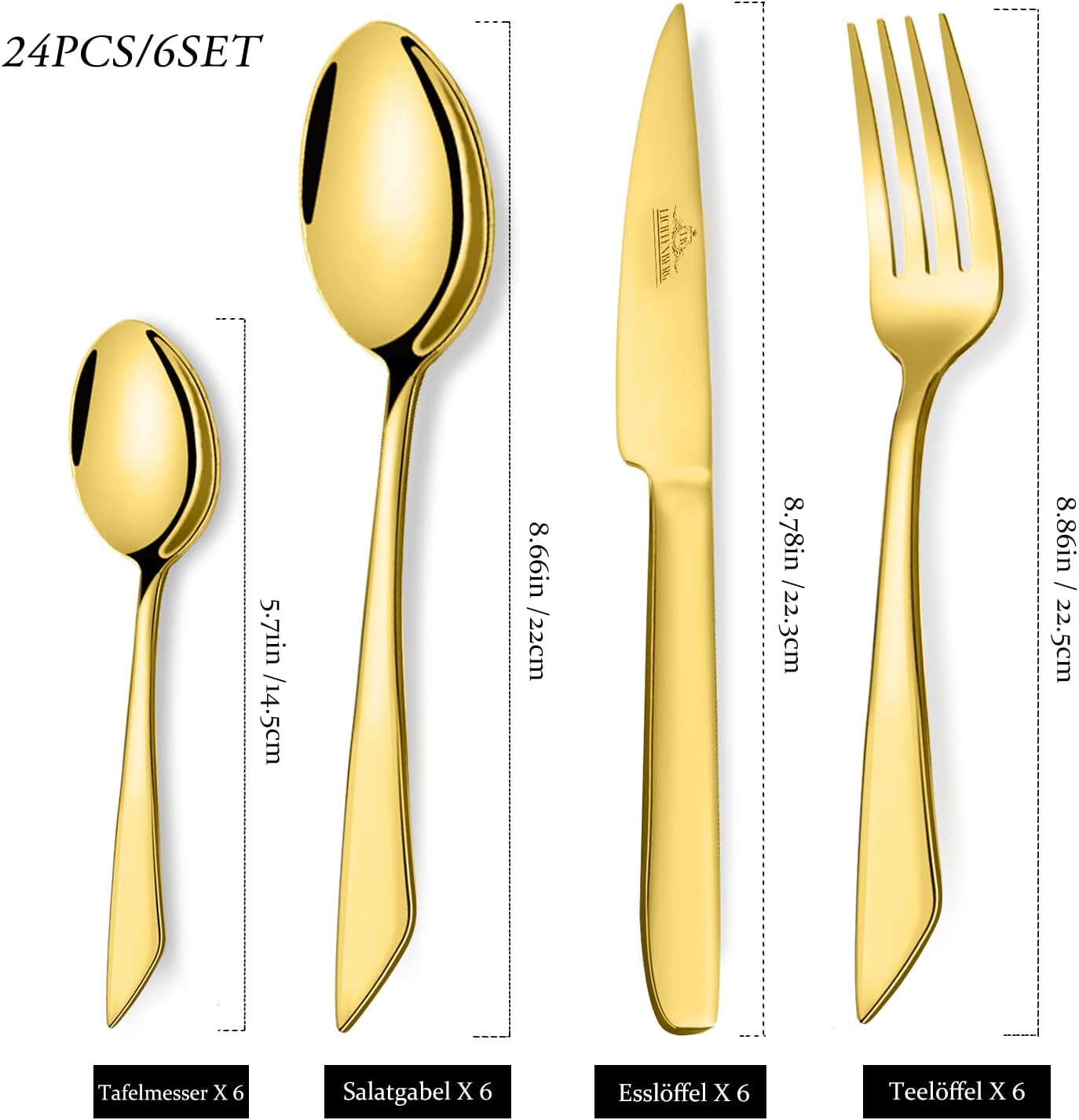 Cutlery set, 18/10 stainless steel, shiny, 24 pieces. For 6 people, dishwasher safe. High-quality and durable cutlery 