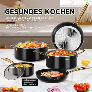 HOMELUX 8-teiliges Induktions-Topfset mit Glasdeckel Kochtöpfe und Pfannen für alle Herdarten in Schwarz