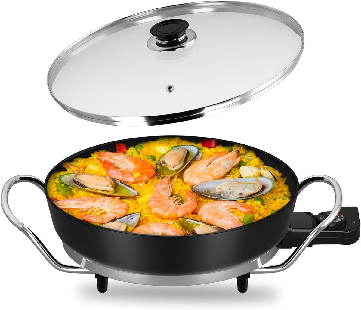 Electric pan: 5 temperature settings, pizza pan, multifunctional pan with non-stick coating and lid 