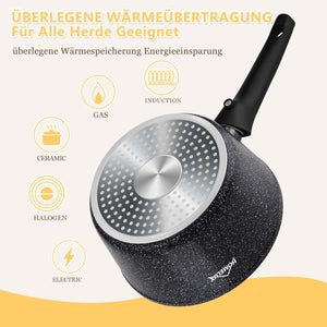 Homelux induction milk pan small cooking pot with pouring spout, saucepan, removable handle. Aluminium, non-stick coating