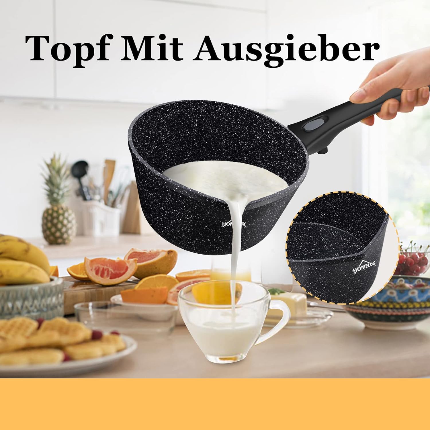 Homelux induction milk pan small cooking pot with pouring spout, saucepan, removable handle. Aluminium, non-stick coating