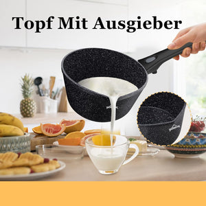 Homelux induction milk pan small cooking pot with pouring spout, saucepan, removable handle. Aluminium, non-stick coating