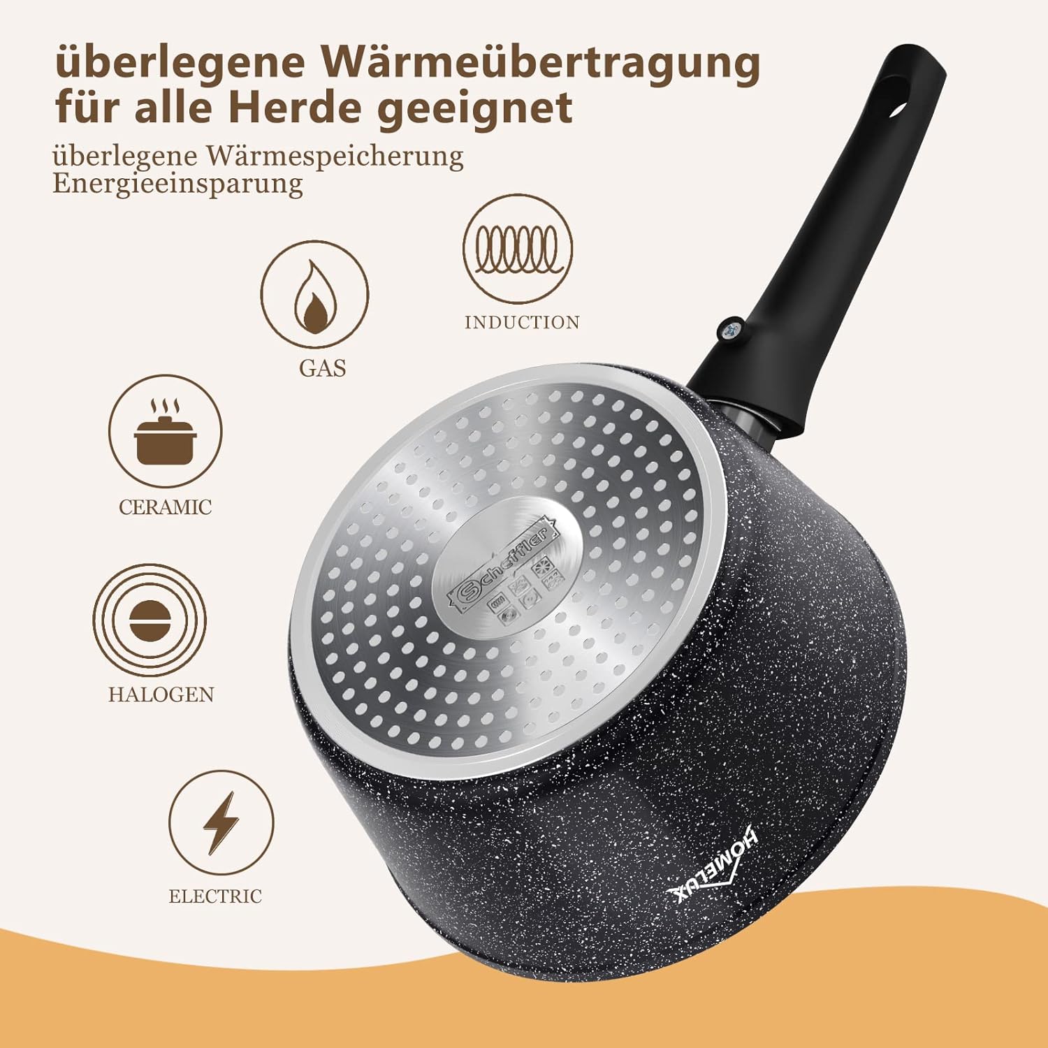 Homelux induction milk pan small cooking pot with pouring spout, saucepan, removable handle. Aluminium, non-stick coating