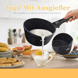 Homelux induction milk pan small cooking pot with pouring spout, saucepan, removable handle. Aluminium, non-stick coating