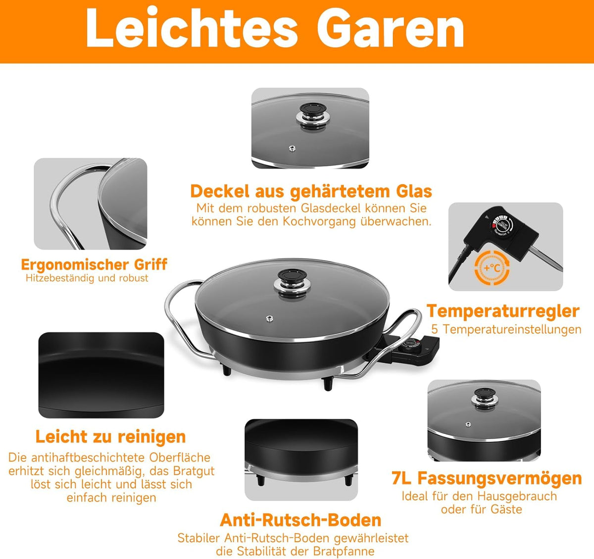 Electric pan: 5 temperature settings, pizza pan, multifunctional pan with non-stick coating and lid 