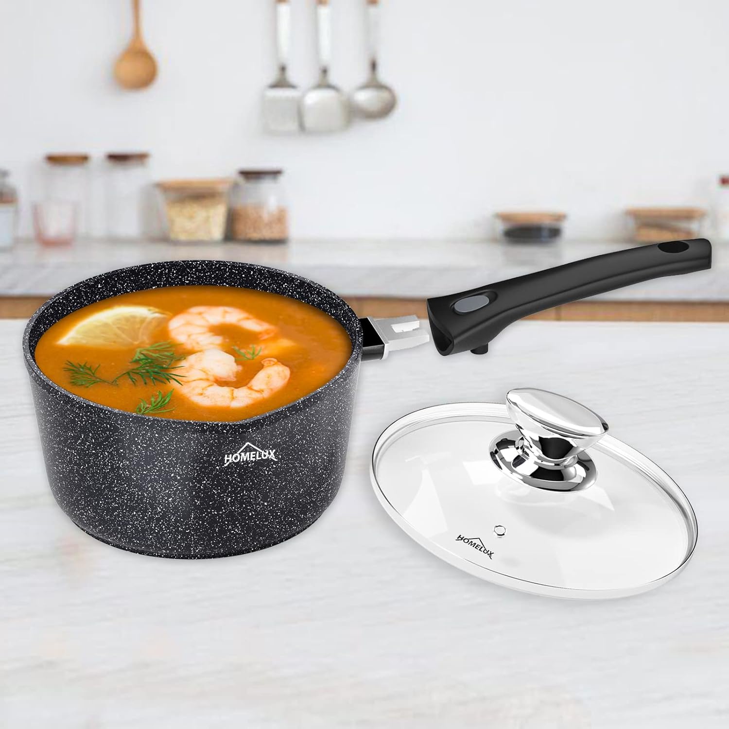 Homelux induction milk pan small cooking pot with pouring spout, saucepan, removable handle. Aluminium, non-stick coating