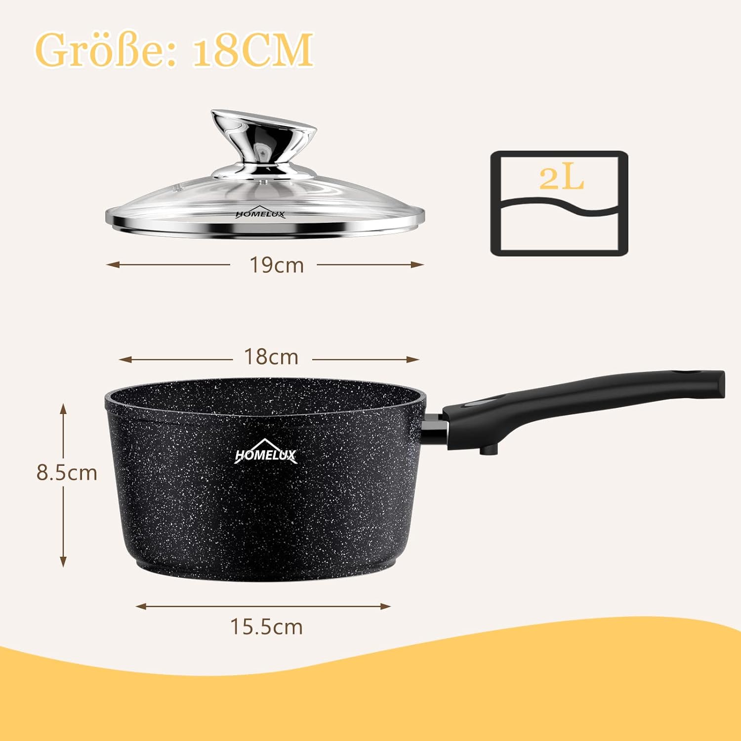 Homelux induction milk pan small cooking pot with pouring spout, saucepan, removable handle. Aluminium, non-stick coating