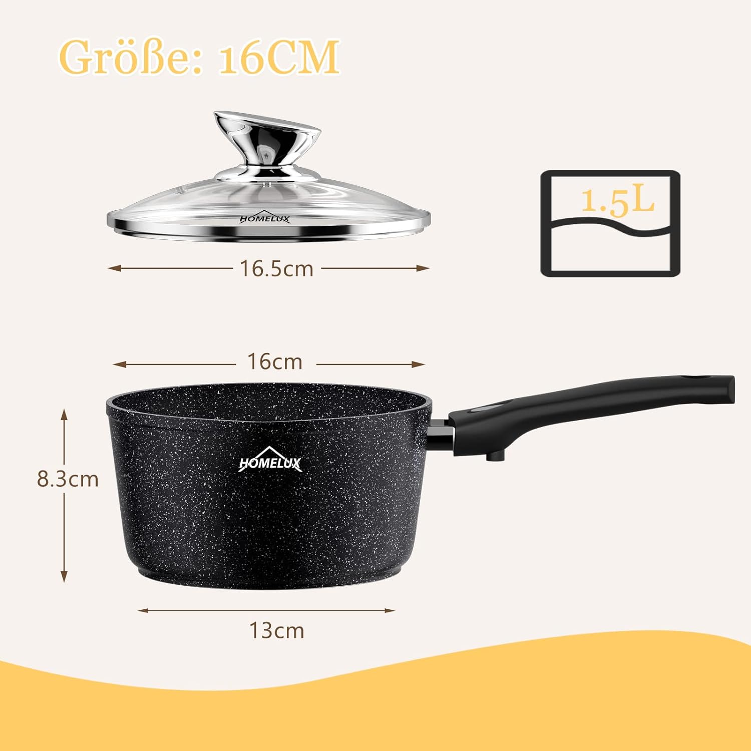 Homelux induction milk pan small cooking pot with pouring spout, saucepan, removable handle. Aluminium, non-stick coating