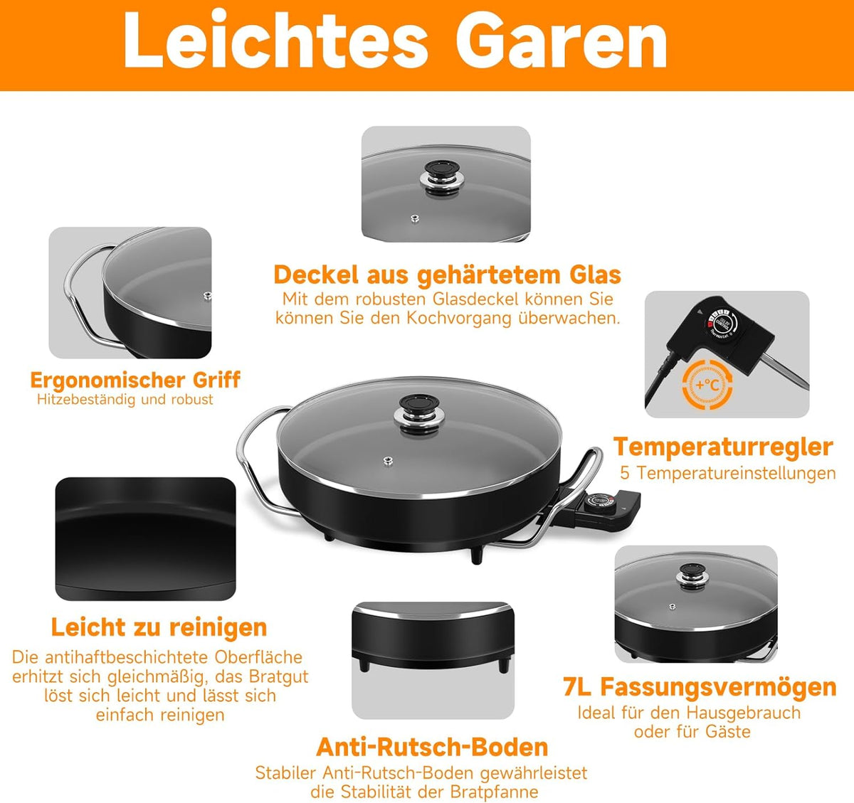 Electric pan: 5 temperature settings, pizza pan, multifunctional pan with non-stick coating and lid 