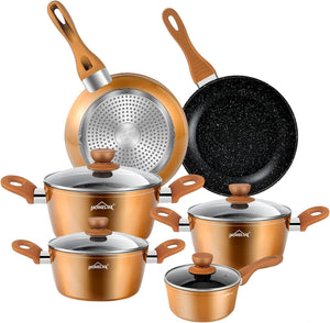 Robuste Aluminiumtöpfe mit schneller und gleichmäßiger Wärmeverteilung.