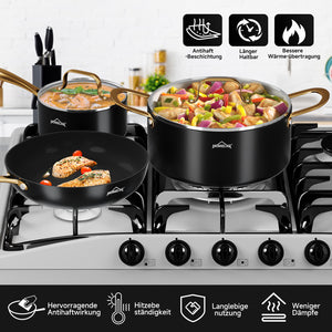 HOMELUX 8-teiliges Induktions-Topfset mit Glasdeckel Kochtöpfe und Pfannen für alle Herdarten in Schwarz
