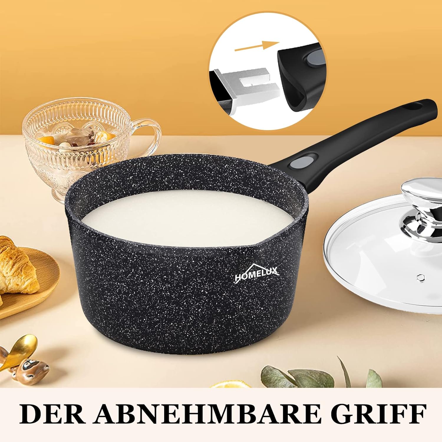 Homelux induction milk pan small cooking pot with pouring spout, saucepan, removable handle. Aluminium, non-stick coating