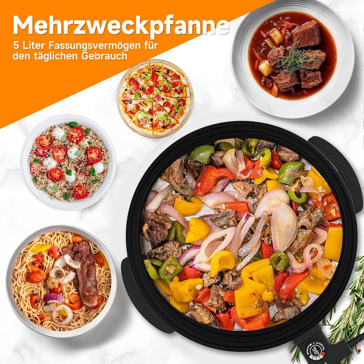Electric pan: 5 temperature settings, pizza pan, multifunctional pan with non-stick coating and lid 