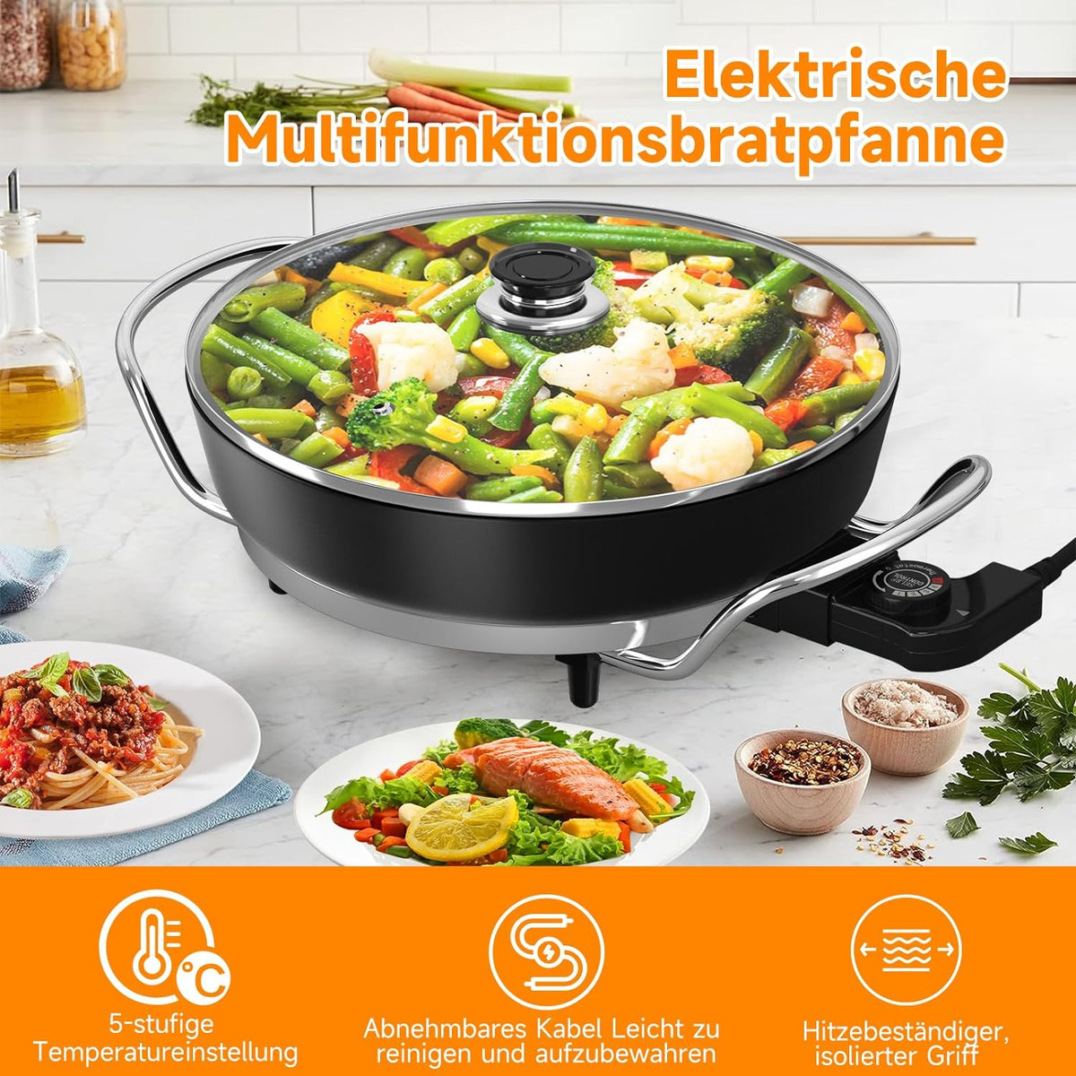 Electric pan: 5 temperature settings, pizza pan, multifunctional pan with non-stick coating and lid 