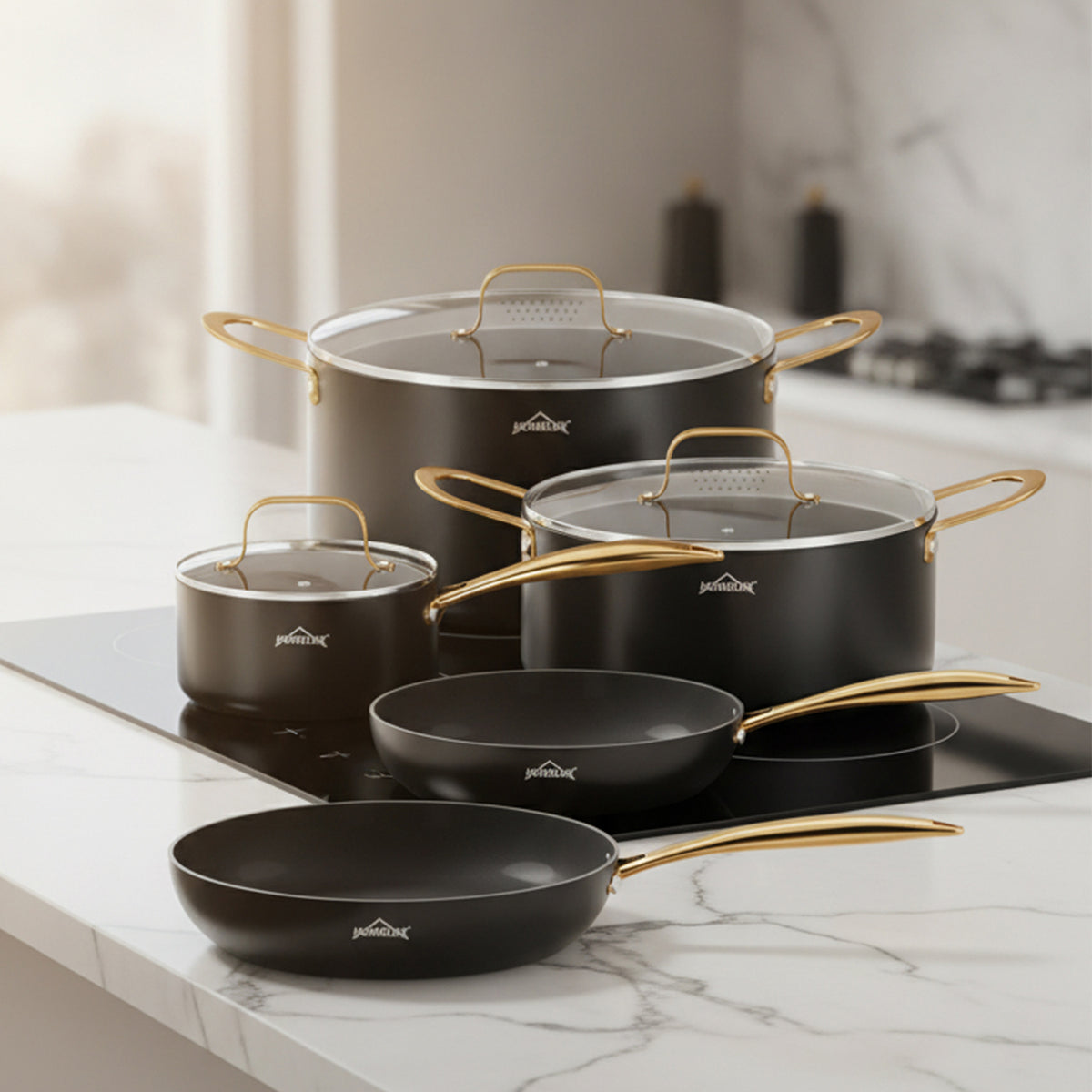 Pot set HOMELUX pot set induction 8 pieces induction pot set pots with glass lid cooking pot set pots and pans set black