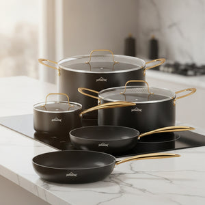 HOMELUX 8-teiliges Induktions-Topfset mit Glasdeckel Kochtöpfe und Pfannen für alle Herdarten in Schwarz