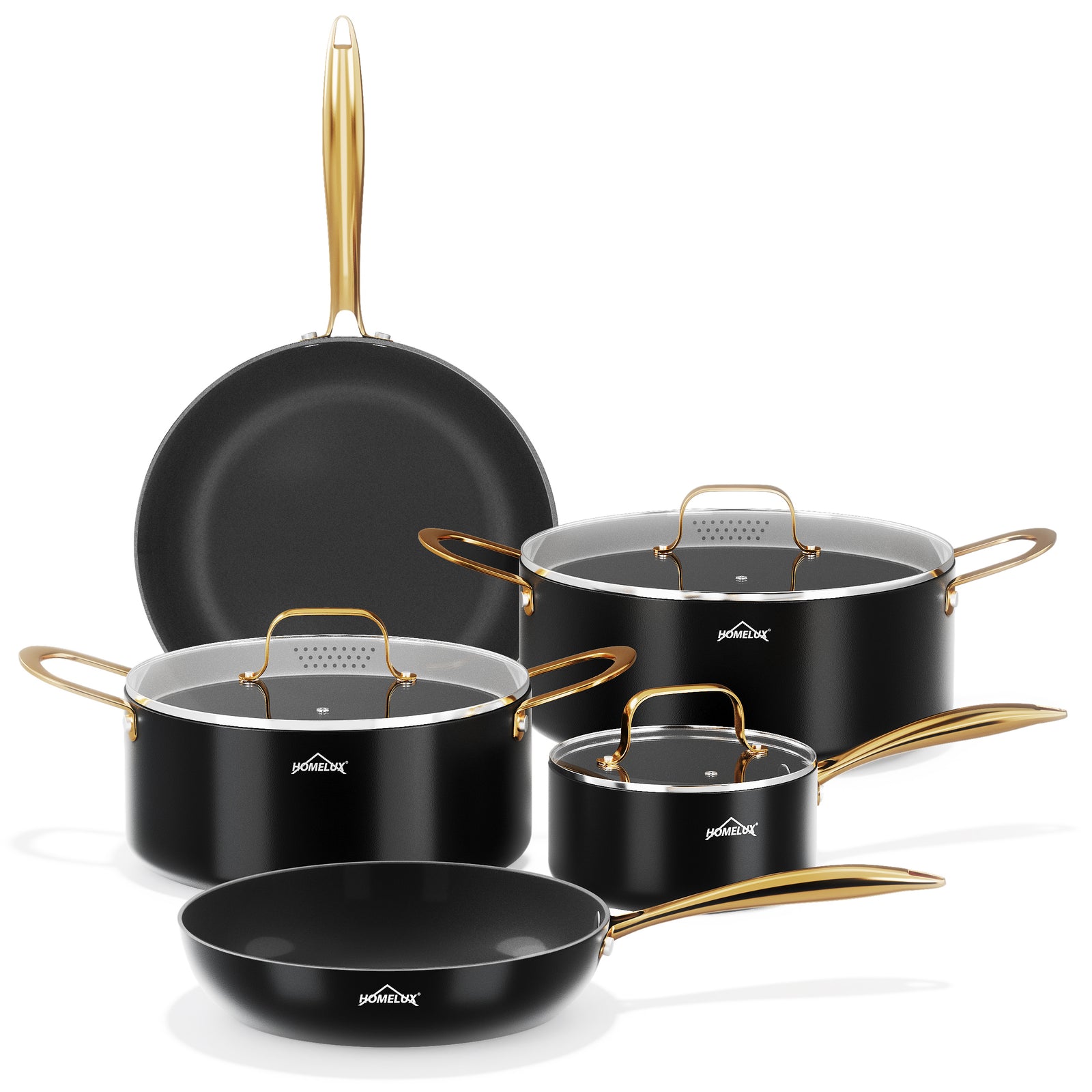 HOMELUX 8-teiliges Induktions-Topfset mit Glasdeckel Kochtöpfe und Pfannen für alle Herdarten in Schwarz