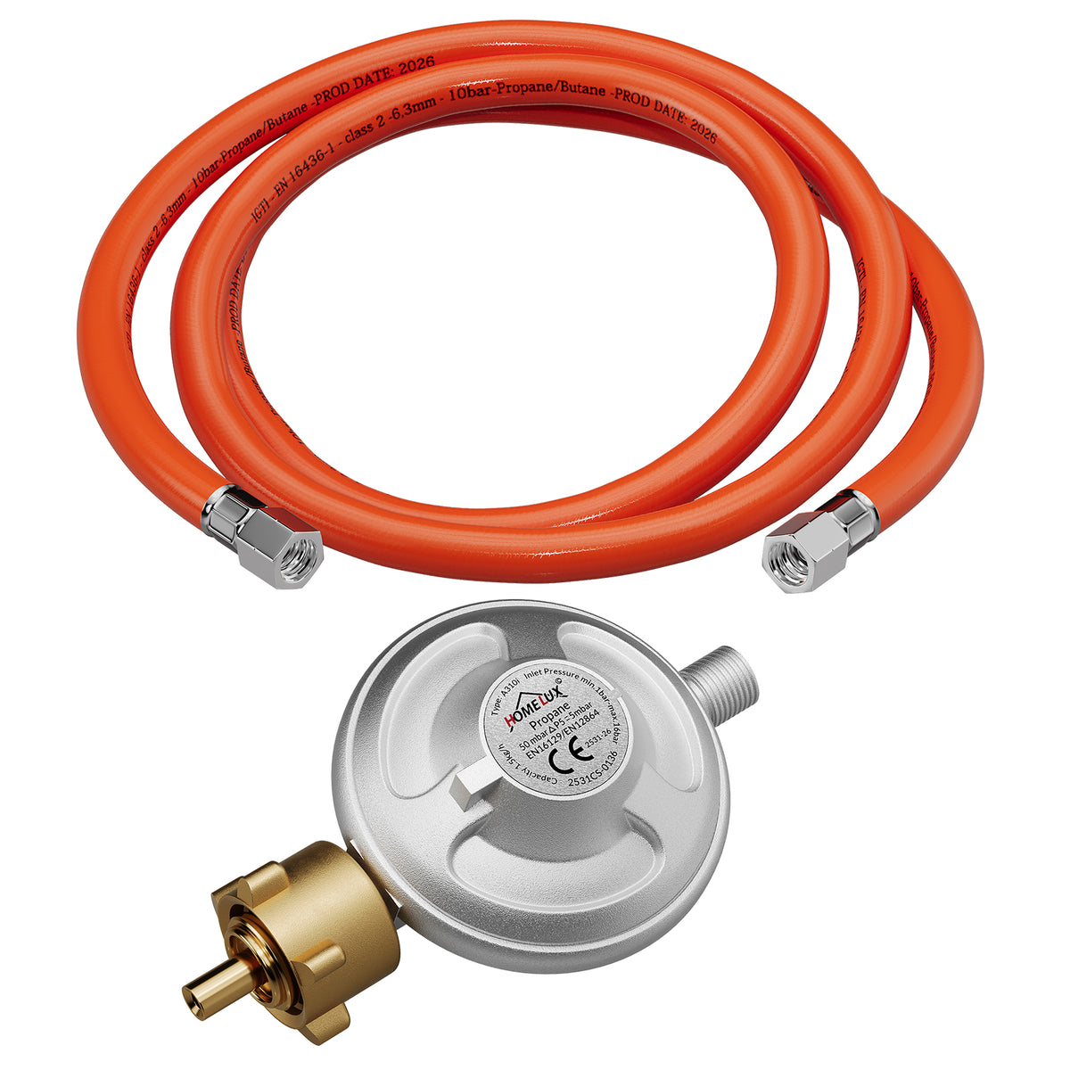 Gasdruckminderer-Set 50 mbar mit 1,5m flammhemmendem Gasschlauch