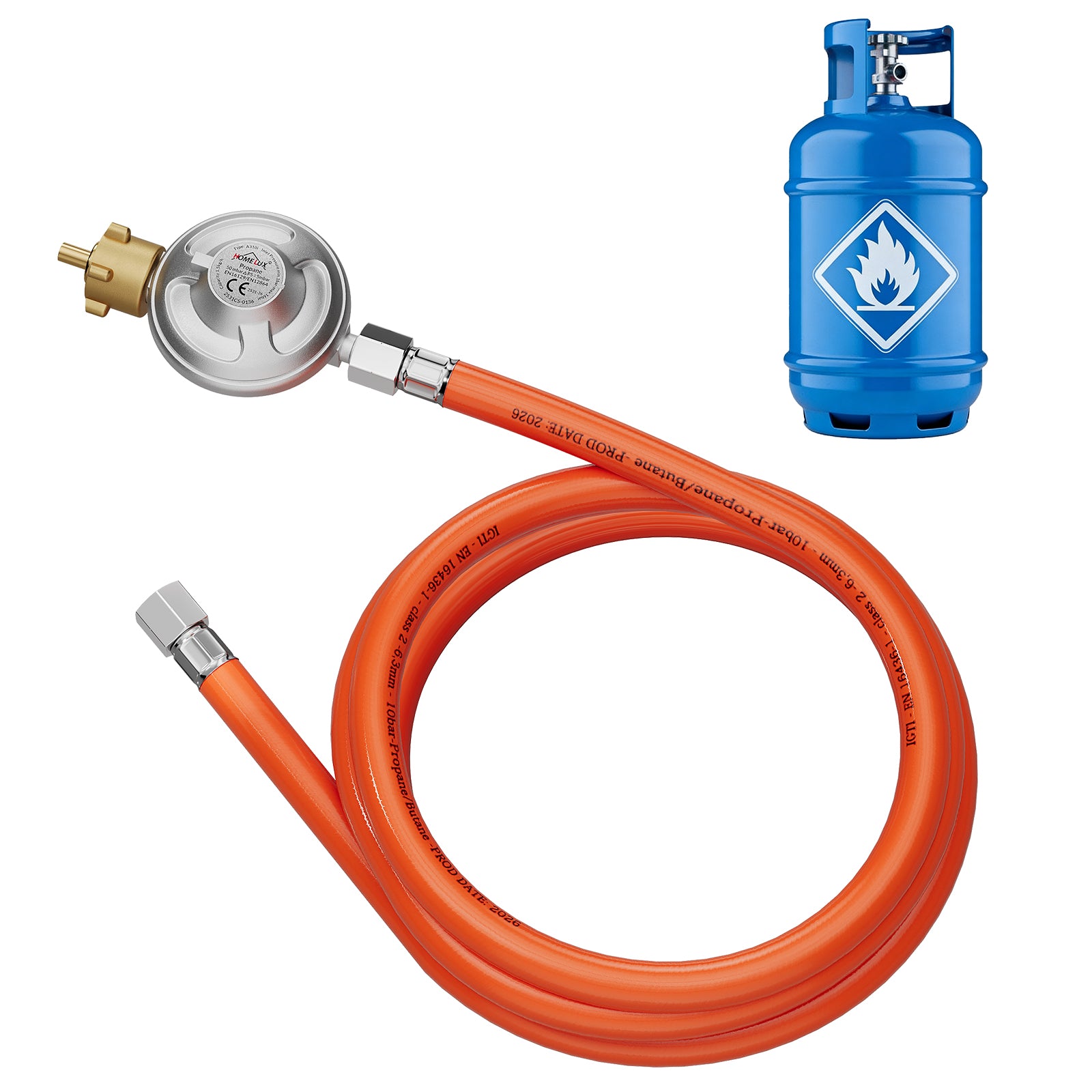 Hochwertiges Gasdruckminderer-Set 50 mbar mit 1,5m flammhemmendem Gasschlauch