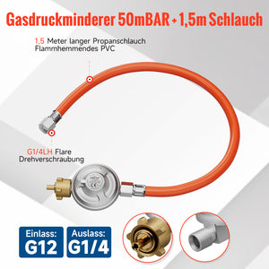 Gasdruckminderer-Set 50 mbar mit 1,5m flammhemmendem Gasschlauch