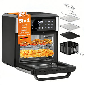 12L Heißluftfritteuse mit Drehfunktion, 12 Kochprogrammen und LED-Display Heißluft Ofen 1800W mit Drehspieß
