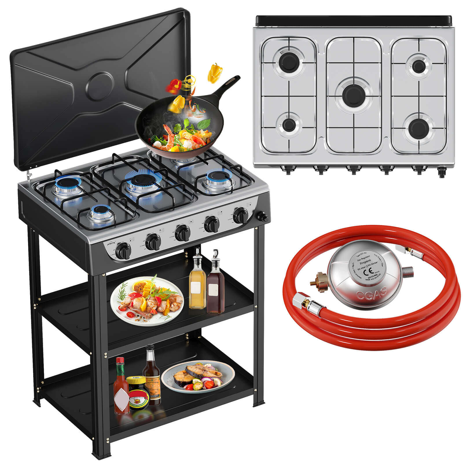 HOMELUX 5-flammiger Camping Gaskocher mit Regalen 7,2 kW Gaskocher mit 1,5 m Anschlussschlauch und 50 mbar Druckminderer
