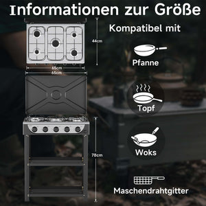 HOMELUX 5-flammiger Camping Gaskocher mit Regalen 7,2 kW Gaskocher mit 1,5 m Anschlussschlauch und 50 mbar Druckminderer