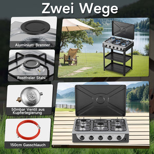 HOMELUX 5-flammiger Camping Gaskocher mit Regalen 7,2 kW Gaskocher mit 1,5 m Anschlussschlauch und 50 mbar Druckminderer