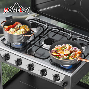 HOMELUX 5-flammiger Camping Gaskocher mit Regalen 7,2 kW Gaskocher mit 1,5 m Anschlussschlauch und 50 mbar Druckminderer