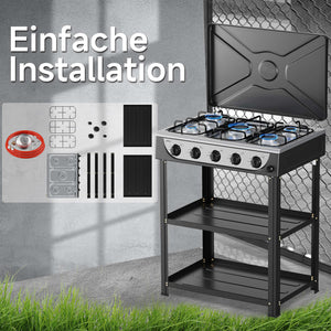 HOMELUX 5-flammiger Camping Gaskocher mit Regalen 7,2 kW Gaskocher mit 1,5 m Anschlussschlauch und 50 mbar Druckminderer