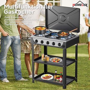 HOMELUX 5-flammiger Camping Gaskocher mit Regalen 7,2 kW Gaskocher mit 1,5 m Anschlussschlauch und 50 mbar Druckminderer