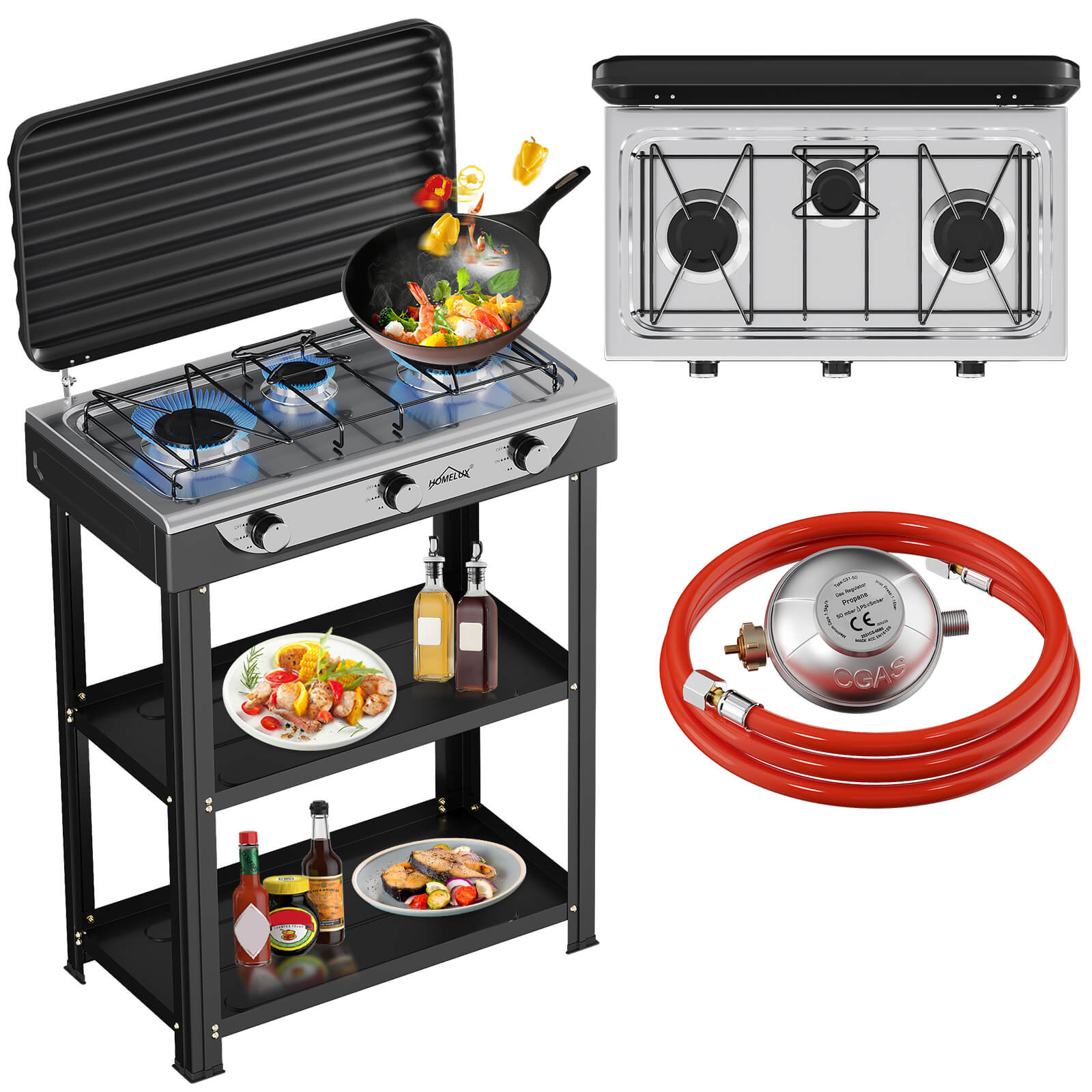 HOMELUX 3-flammiger 5,4 kW Gaskocher Camping Gaskocher mit Regalen mit 1,5 m Anschlussschlauch und 50 mbar Druckminderer