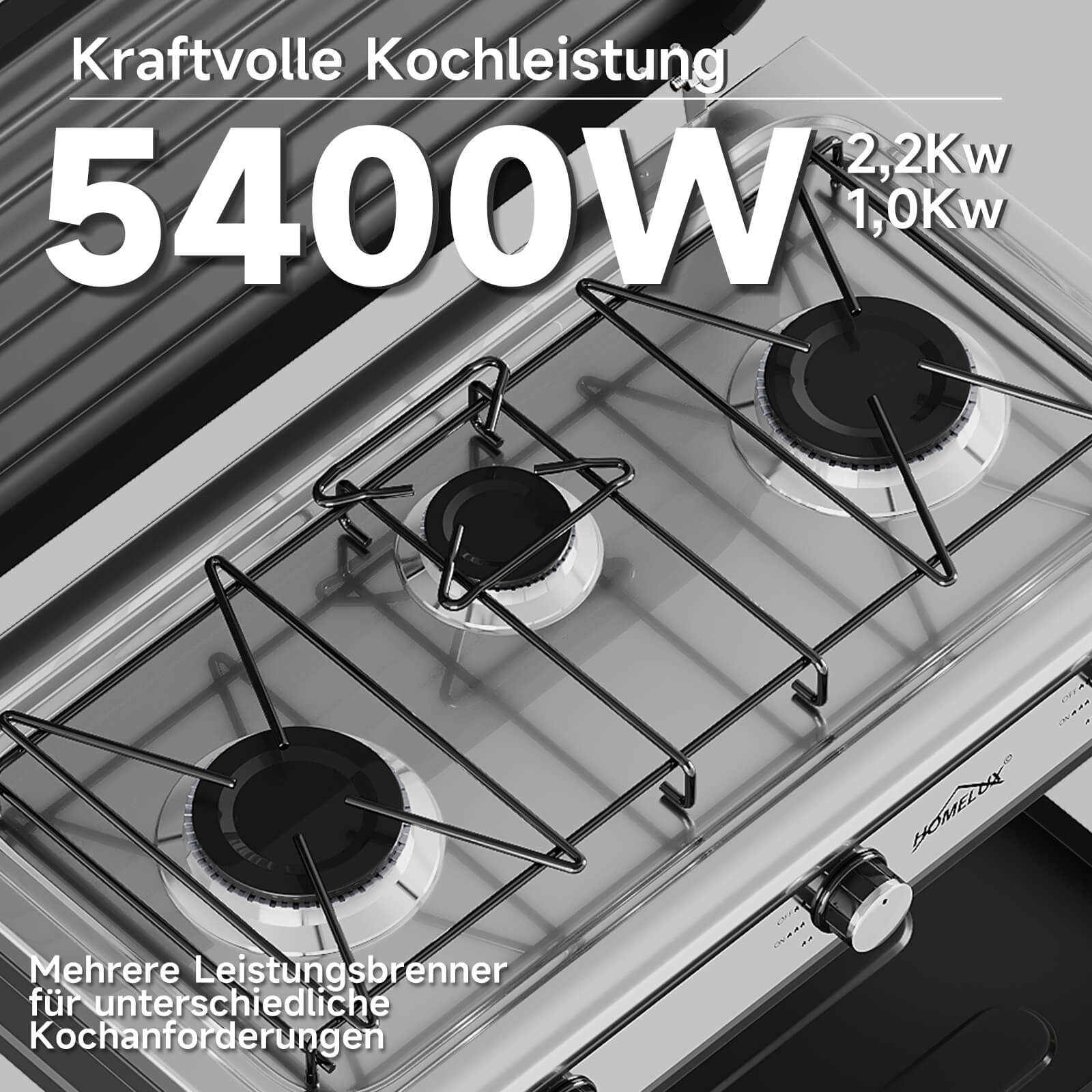 HOMELUX 3-flammiger 5,4 kW Gaskocher Camping Gaskocher mit Regalen mit 1,5 m Anschlussschlauch und 50 mbar Druckminderer