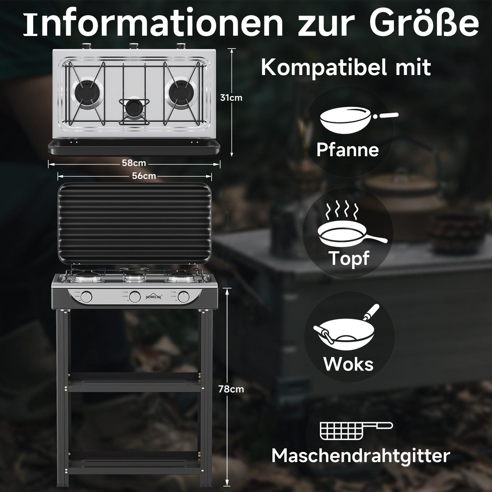 HOMELUX 3-flammiger 5,4 kW Gaskocher Camping Gaskocher mit Regalen mit 1,5 m Anschlussschlauch und 50 mbar Druckminderer