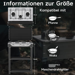 HOMELUX 3-flammiger 5,4 kW Gaskocher Camping Gaskocher mit Regalen mit 1,5 m Anschlussschlauch und 50 mbar Druckminderer