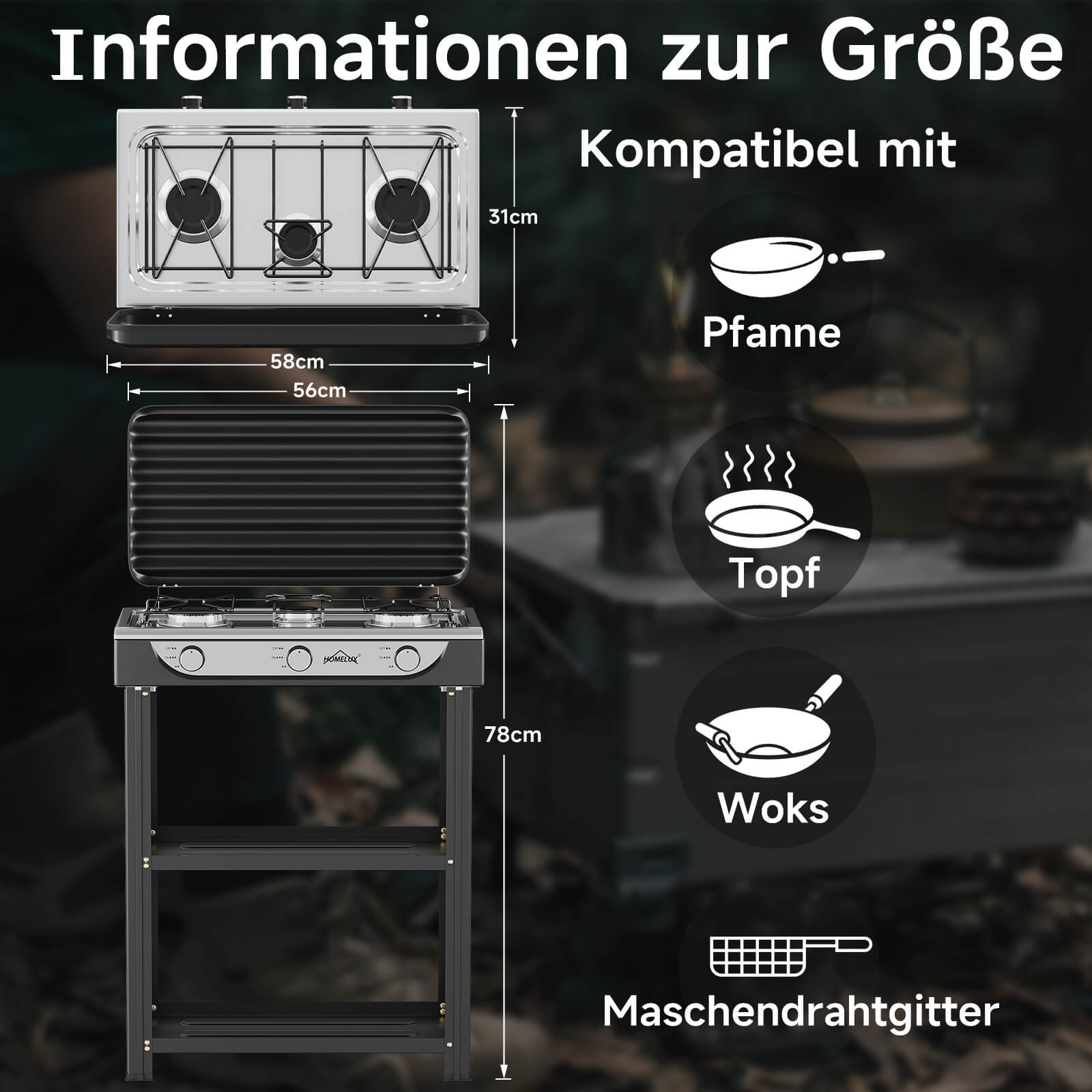 HOMELUX 3-flammiger 5,4 kW Gaskocher Camping Gaskocher mit Regalen mit 1,5 m Anschlussschlauch und 50 mbar Druckminderer