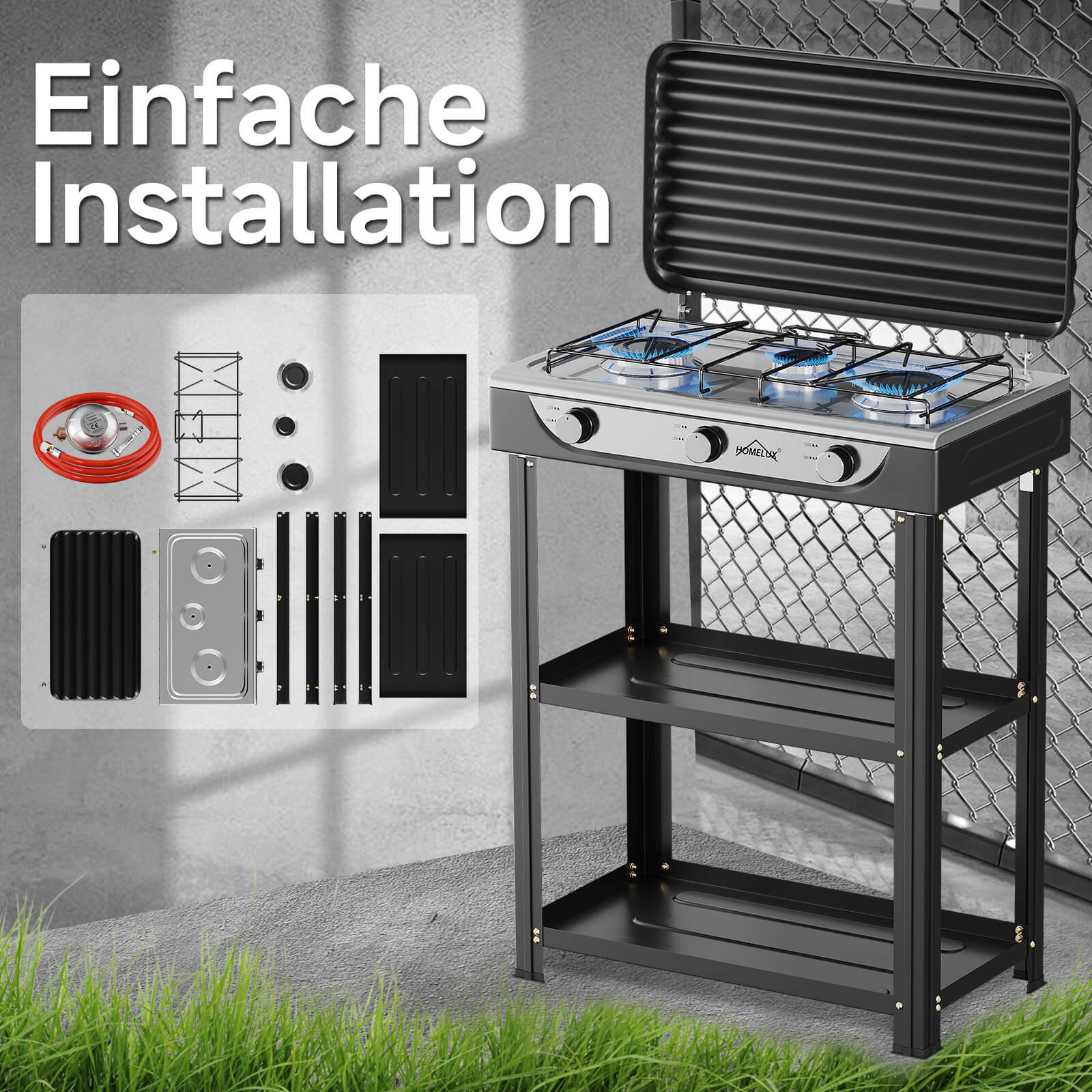 HOMELUX 3-flammiger 5,4 kW Gaskocher Camping Gaskocher mit Regalen mit 1,5 m Anschlussschlauch und 50 mbar Druckminderer
