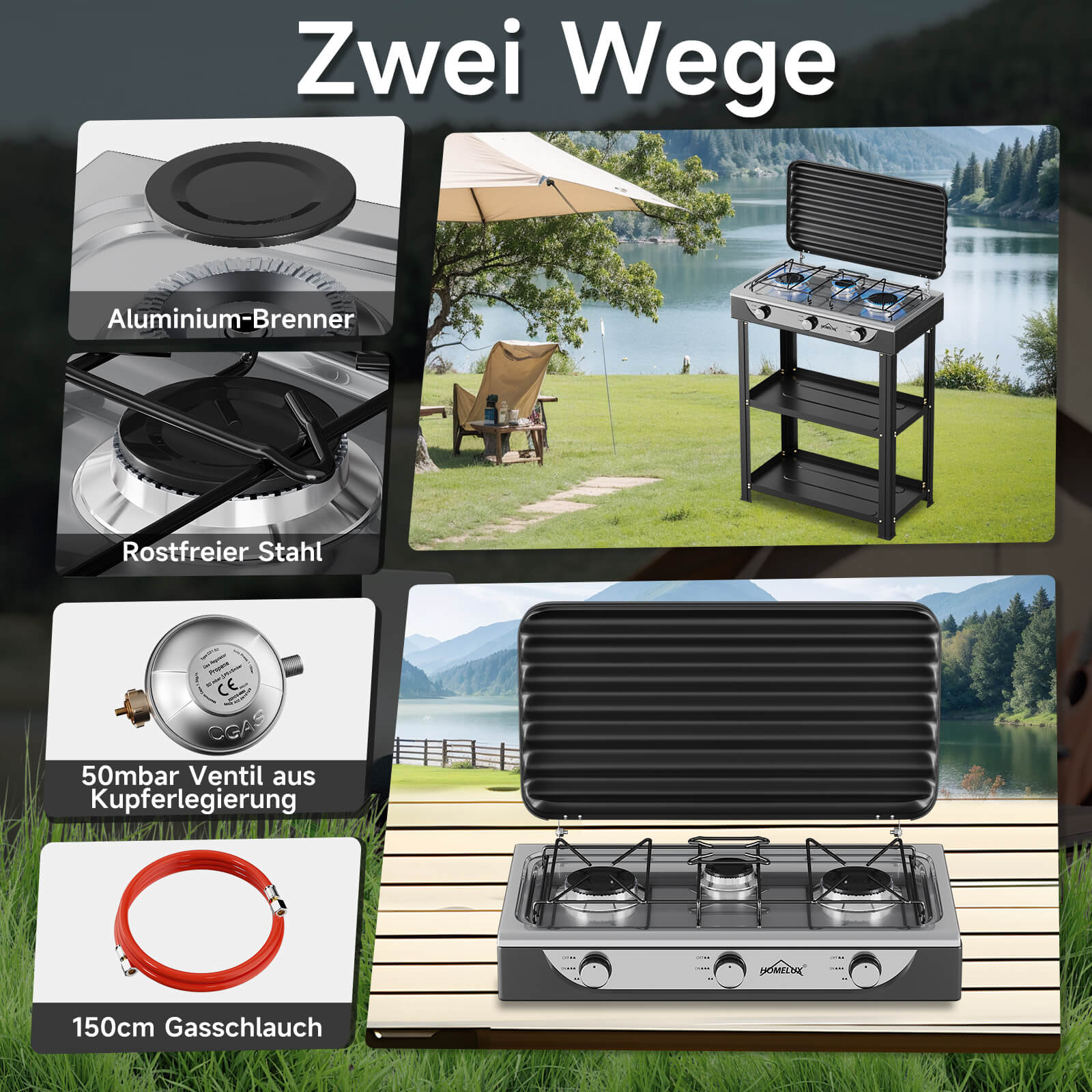 HOMELUX 3-flammiger 5,4 kW Gaskocher Camping Gaskocher mit Regalen mit 1,5 m Anschlussschlauch und 50 mbar Druckminderer
