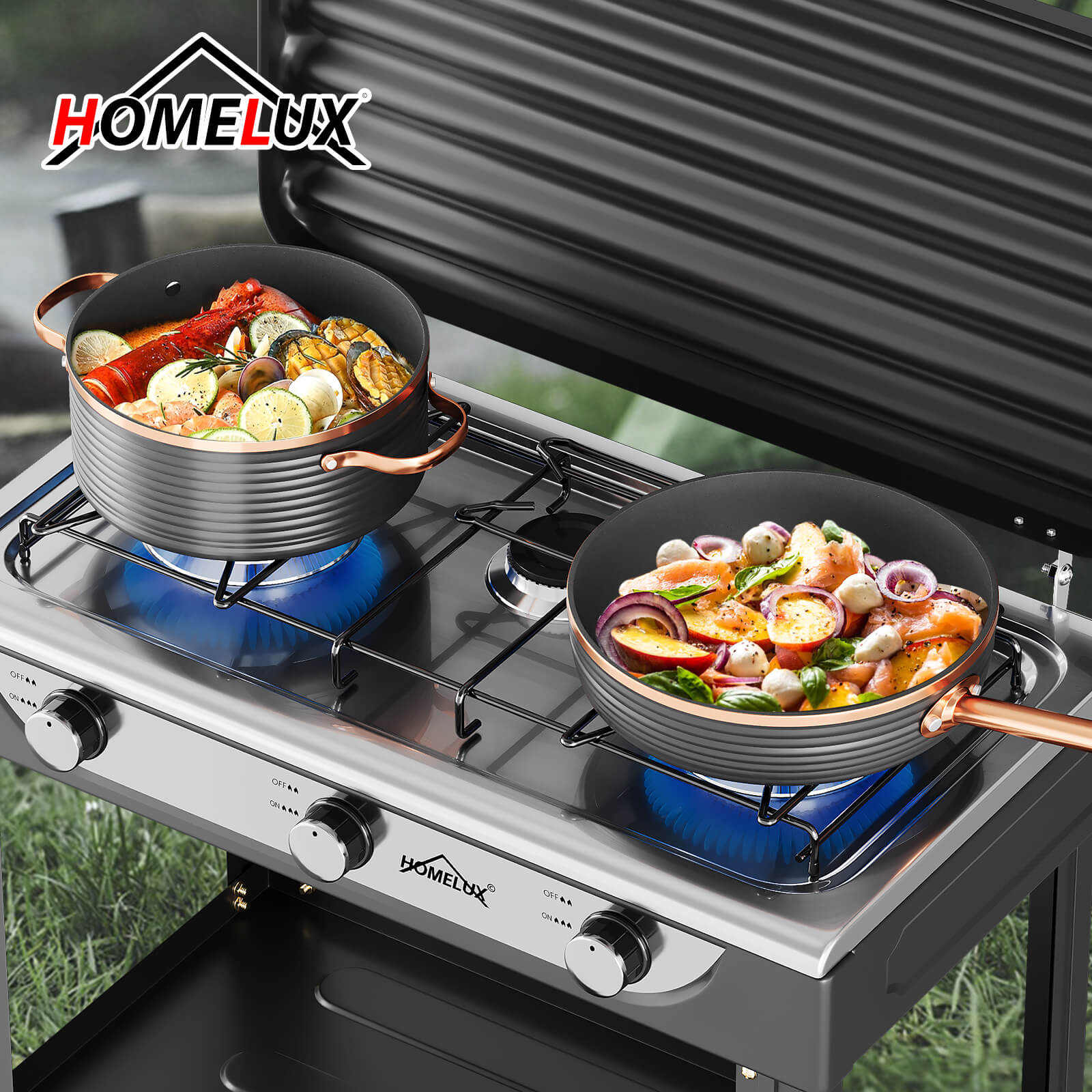 HOMELUX 3-flammiger 5,4 kW Gaskocher Camping Gaskocher mit Regalen mit 1,5 m Anschlussschlauch und 50 mbar Druckminderer