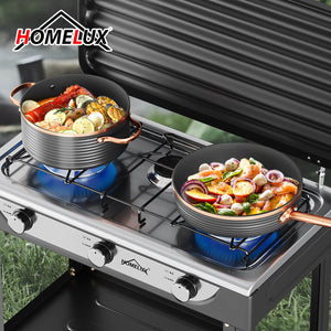 HOMELUX 3-flammiger 5,4 kW Gaskocher Camping Gaskocher mit Regalen mit 1,5 m Anschlussschlauch und 50 mbar Druckminderer